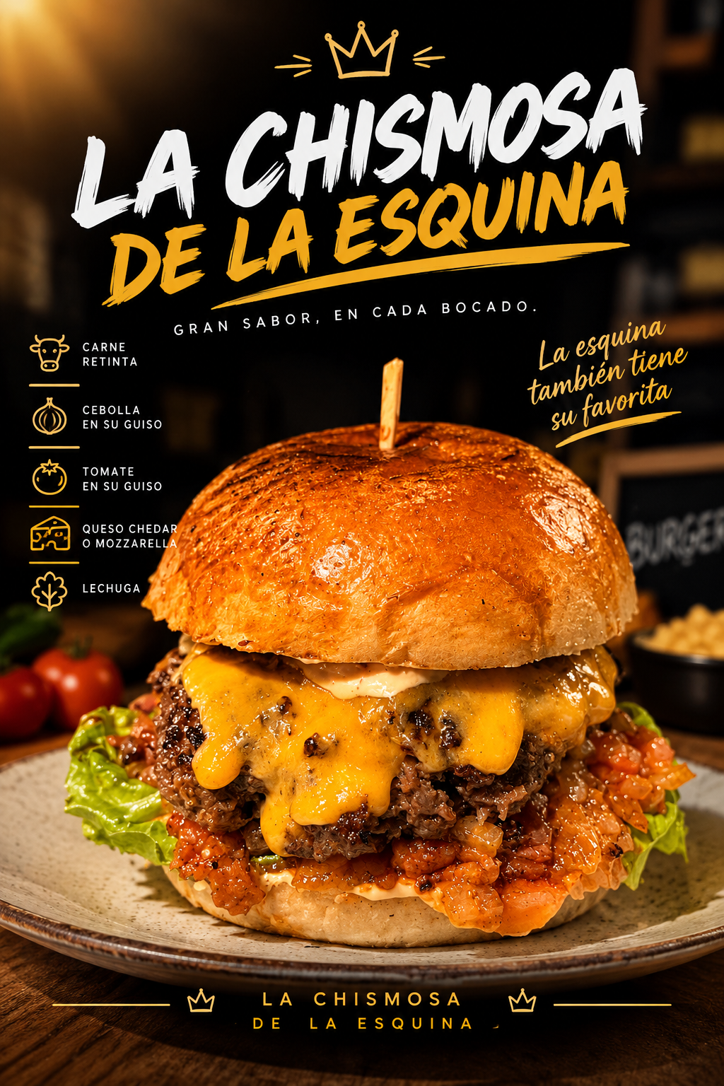 La Chismosa de la Esquina, hamburguesa de carne retinta con queso